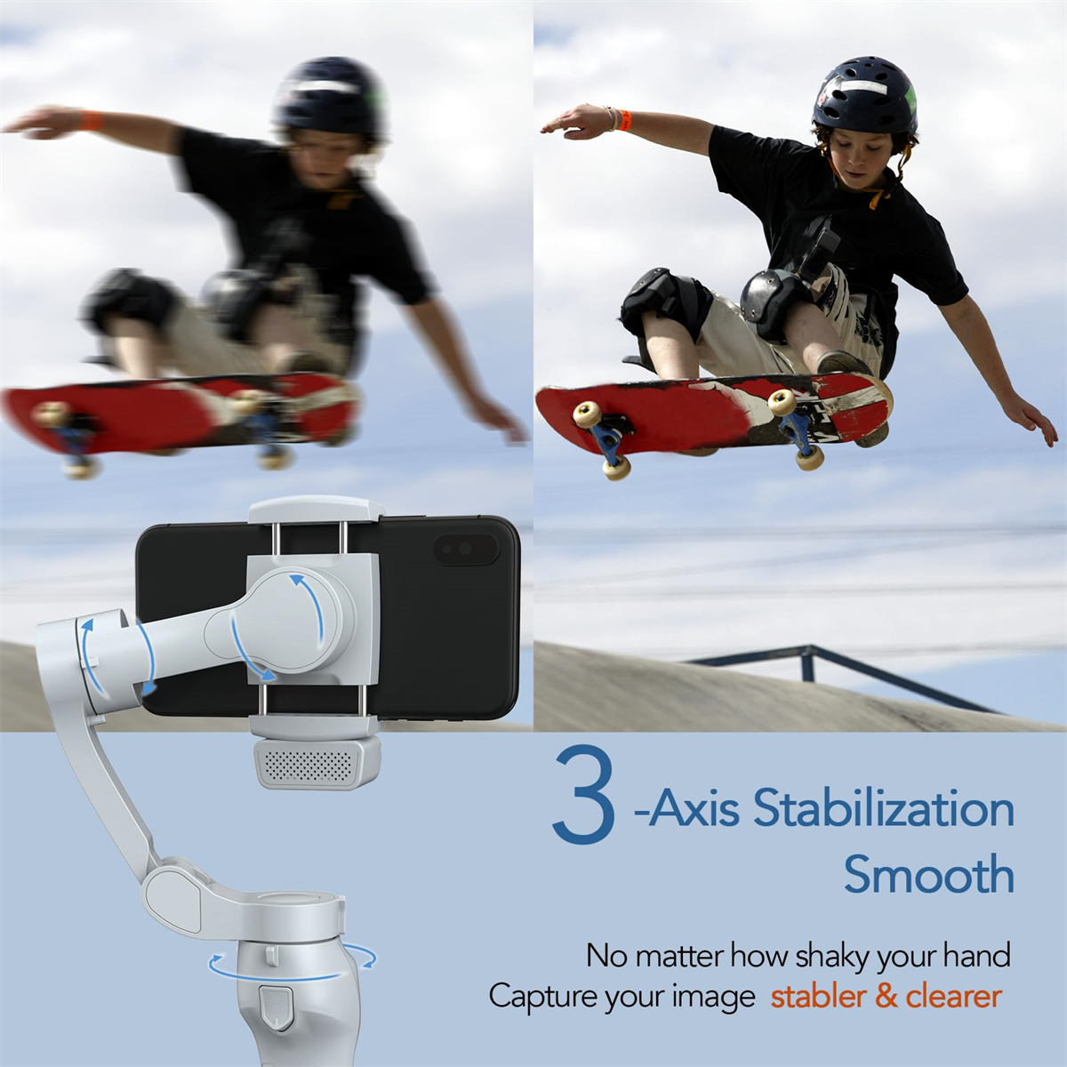 Ein Gimbal stabilisiert ein Telefon, zwei Skater in der Luft, zeigt flüssige Videoaufnahme.