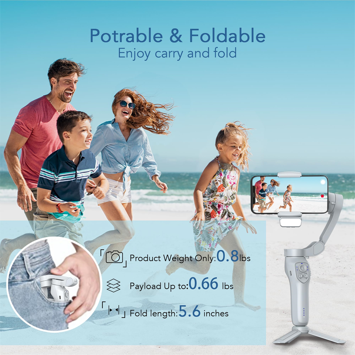 Eine Familie rennt am Strand; ein Gimbal stabilisiert ein Telefon, das ein Foto zeigt.