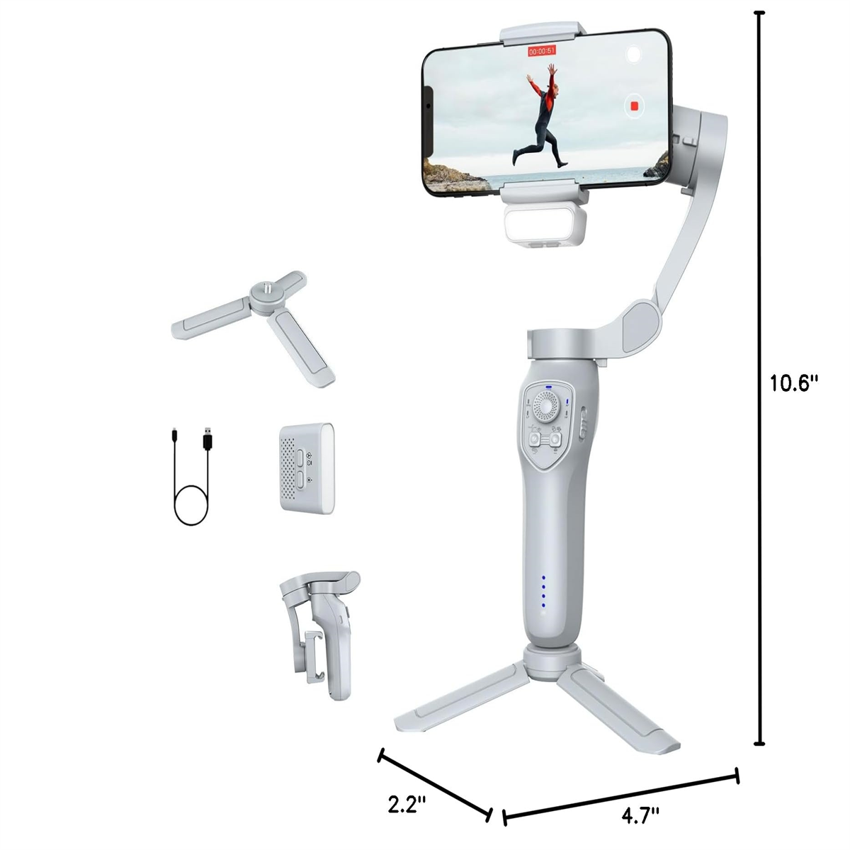 Ein weißer Stabilisator mit montiertem Telefon, Zubehör und Abmessungen auf weißem Hintergrund.