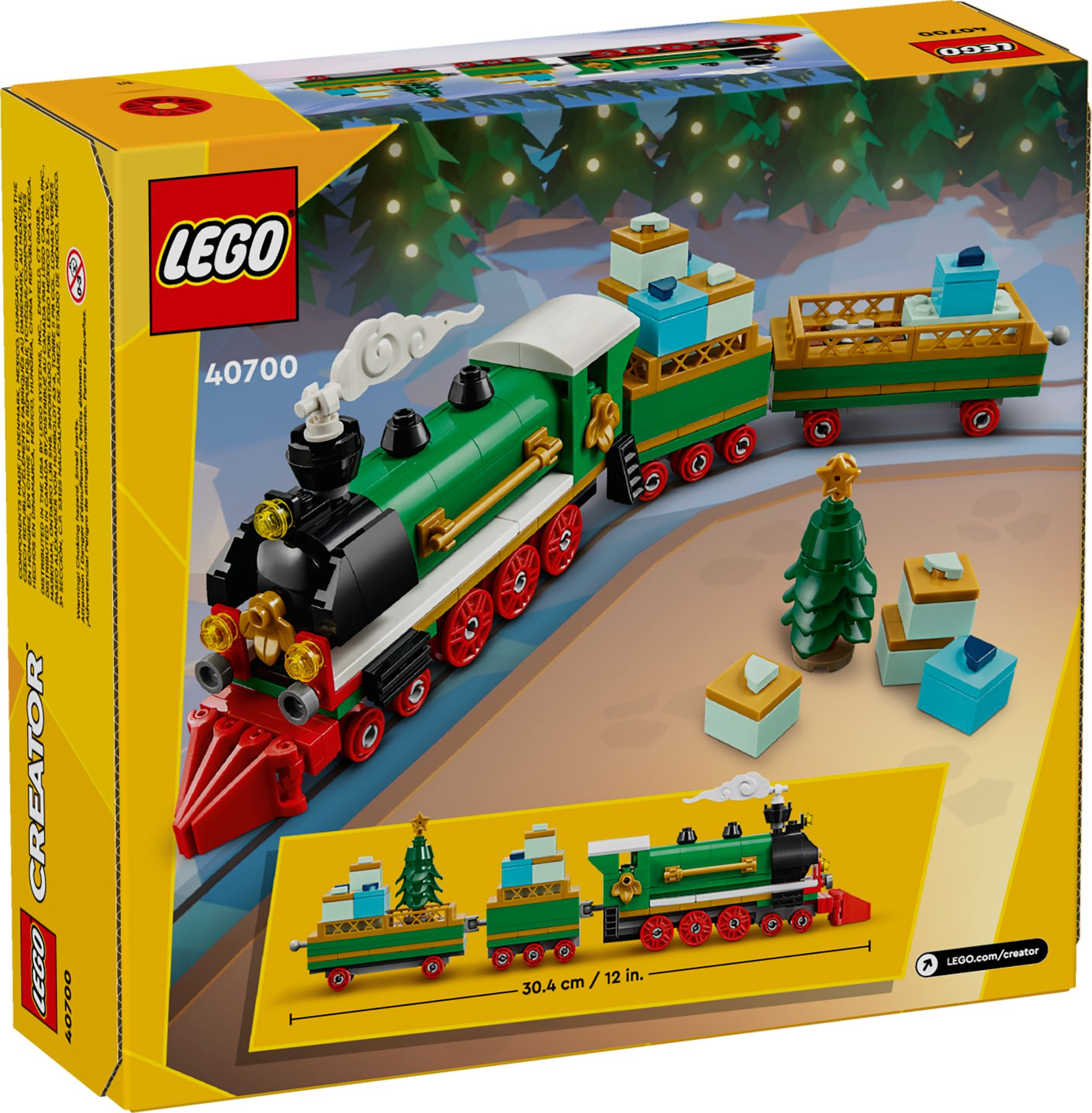 Ein LEGO Creator Weihnachts-Zug-Set-Box, die einen Zug, Bäume und Geschenke zeigt. Die Box steht auf weißem Grund.