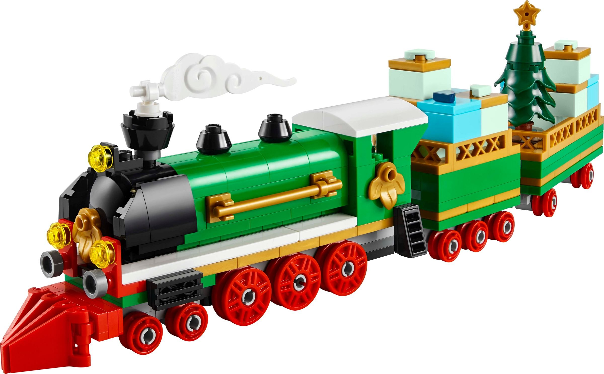 Lego Weihnachtszug. Grün, rot und goldfarben. Weihnachtsbaum hinten.