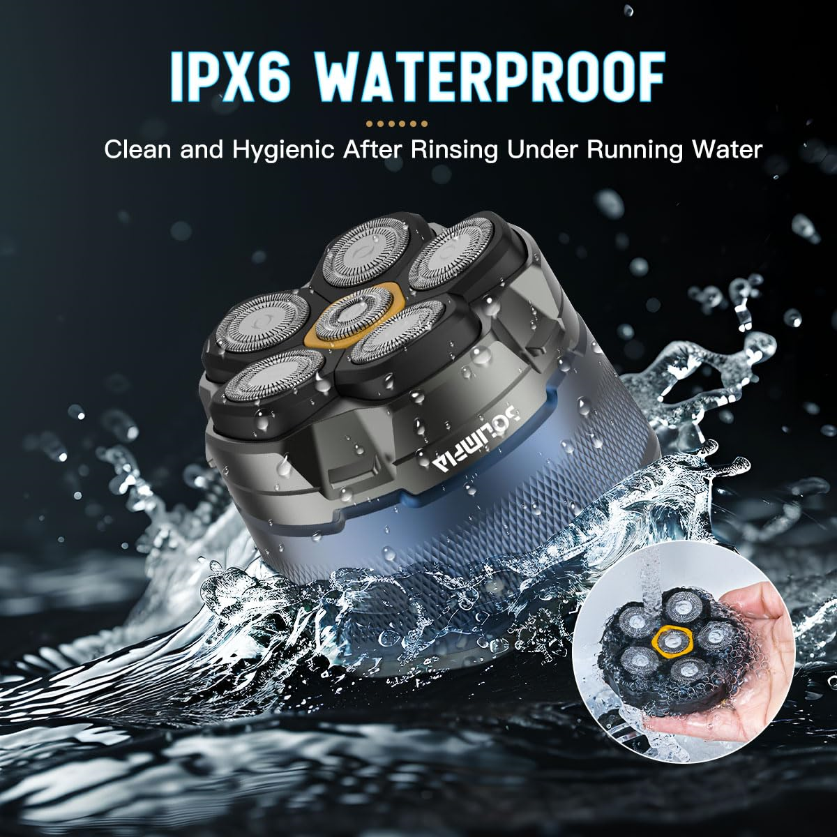 Elektrischer Rasierer mit sieben Köpfen, im Wasser. Text: IPX6 WASSERDICHT. Sauber und hygienisch.
