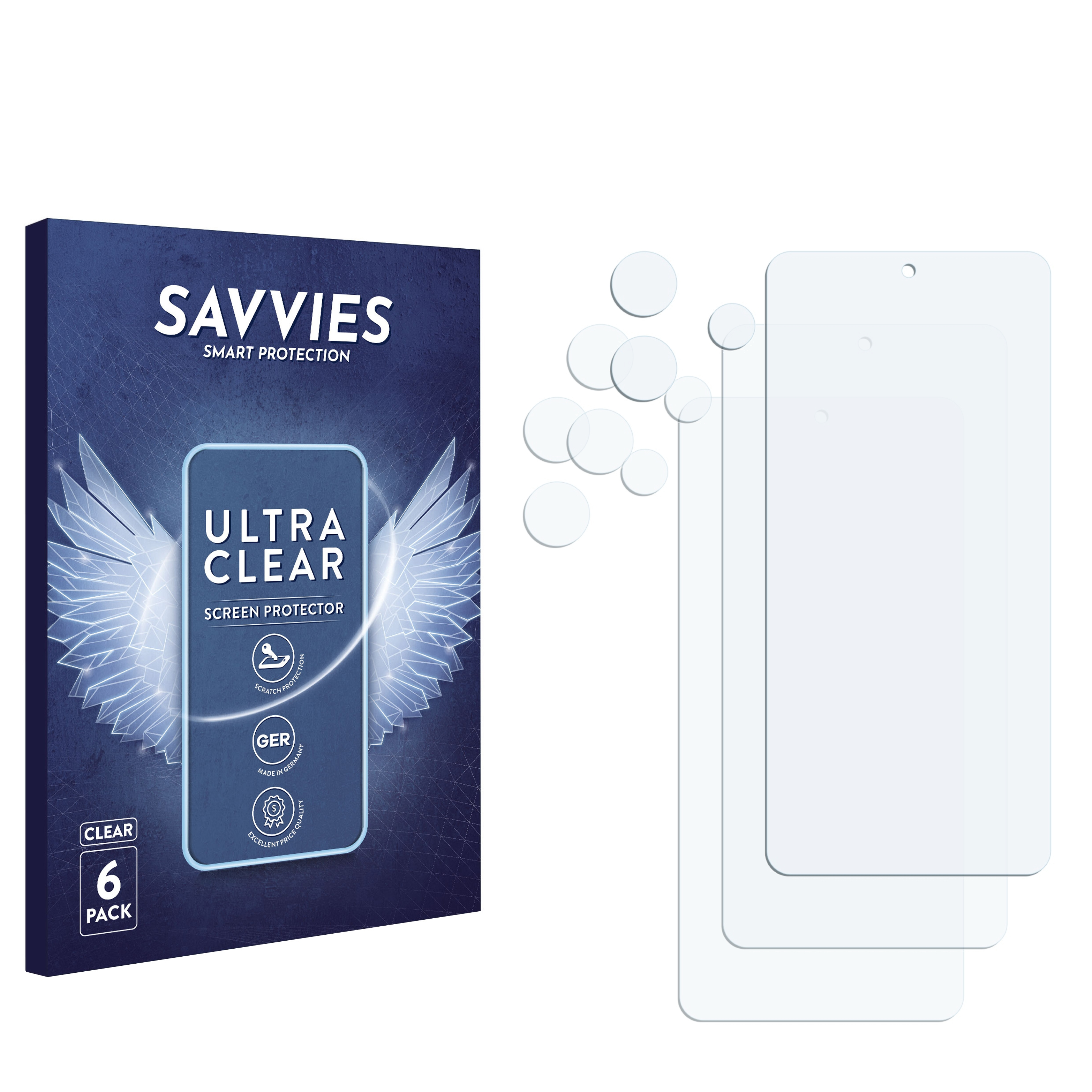 Eine Displayschutzbox und Displayschutzfolien. Auf der Box steht „Ultra Clear Screen Protector“. Klare Folien rechts.