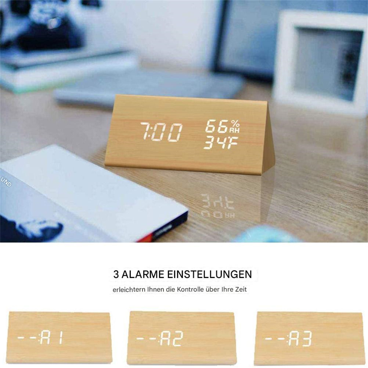 Digitaluhr aus Holz. Zeigt Zeit, Luftfeuchtigkeit und Temperatur. Drei Einstellungen.
