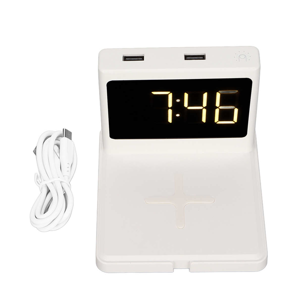 Eine weiße Digitaluhr mit Ladefläche und zwei USB-Anschlüssen. Links befindet sich ein weißes Kabel.