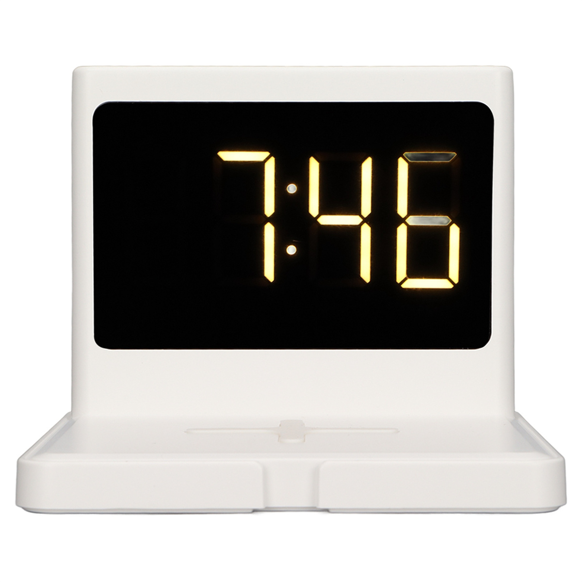 Ein weißer digitaler Wecker mit der Anzeige 7:46 auf schwarzem Bildschirm.