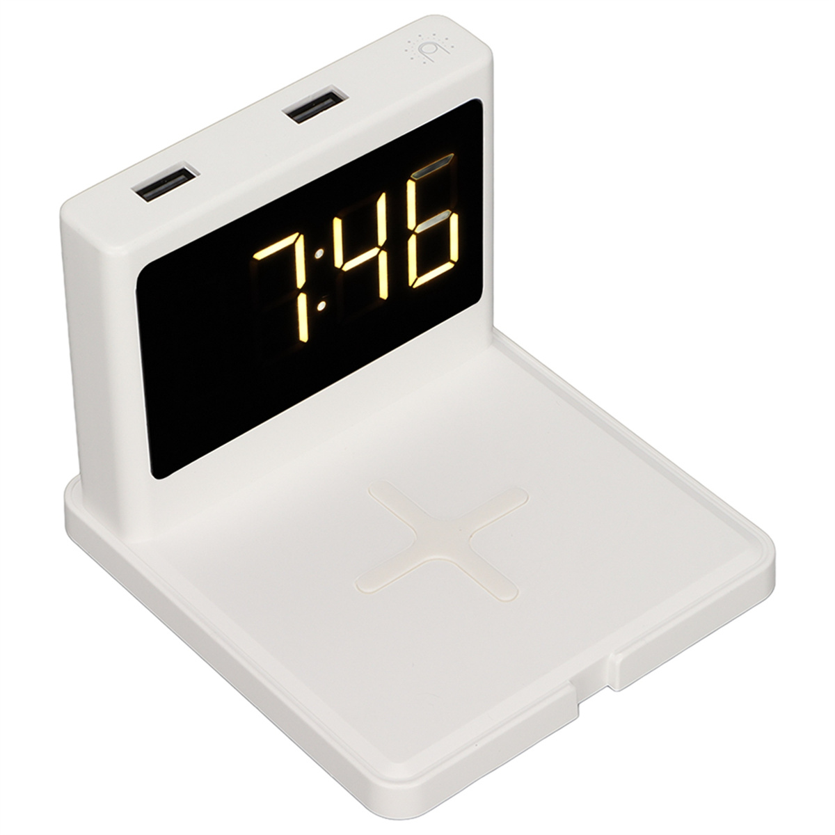 Weißer digitaler Wecker mit zwei USB-Anschlüssen und einem Ladepad.