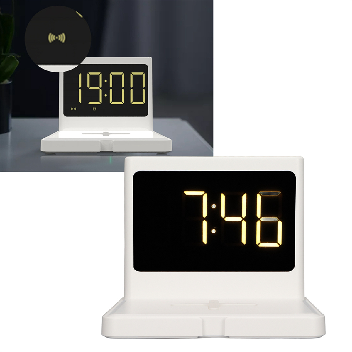 Eine weiße Digitaluhr, die 7:46 anzeigt. Es gibt eine Nahaufnahme der Uhr, die 19:00 anzeigt. Weißer Hintergrund.