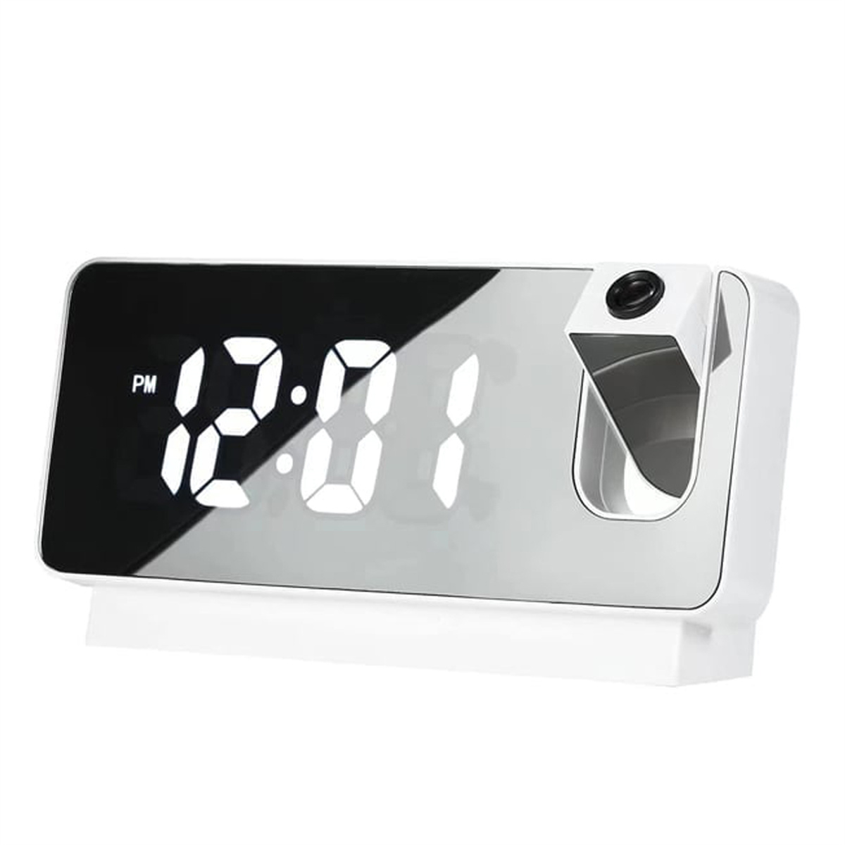 Digitaler Wecker mit weißem Gehäuse und schwarzem Display.