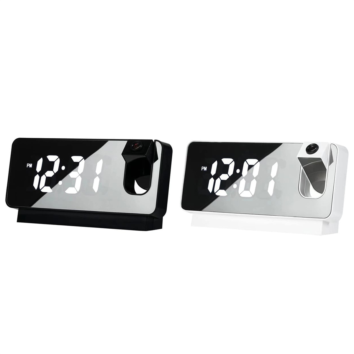 Zwei digitale Wecker, die die Zeit anzeigen. Eine Uhr zeigt 12:31, die andere 12:01. Beide sind schwarz und weiß.