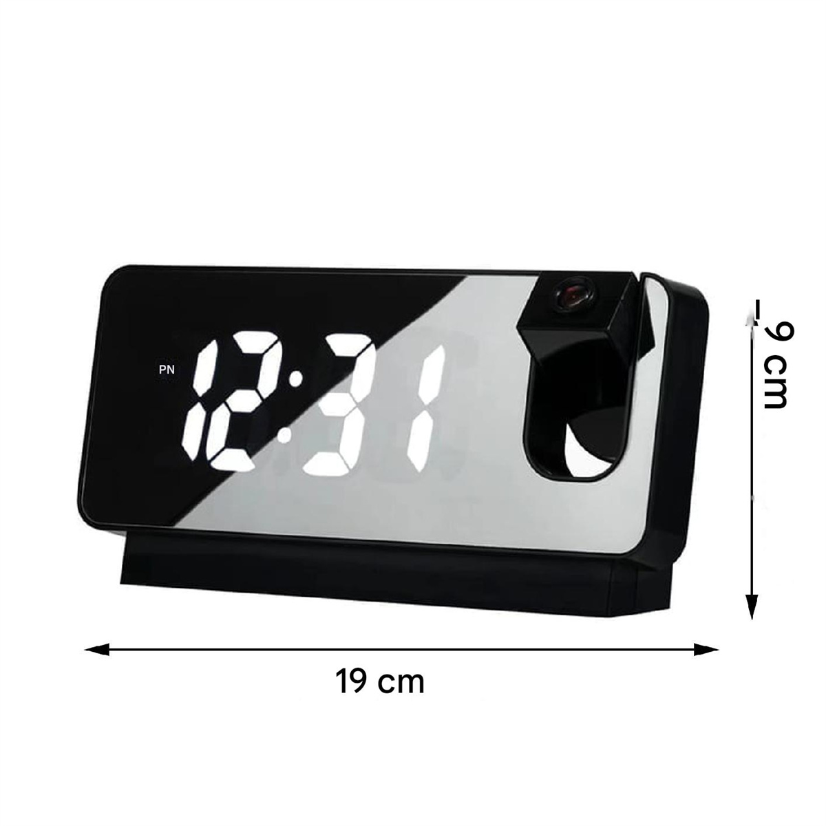 Schwarzer digitaler Wecker mit der Anzeige '12:31'. Er hat eine Projektionsfunktion und Maße von 19x9 cm.