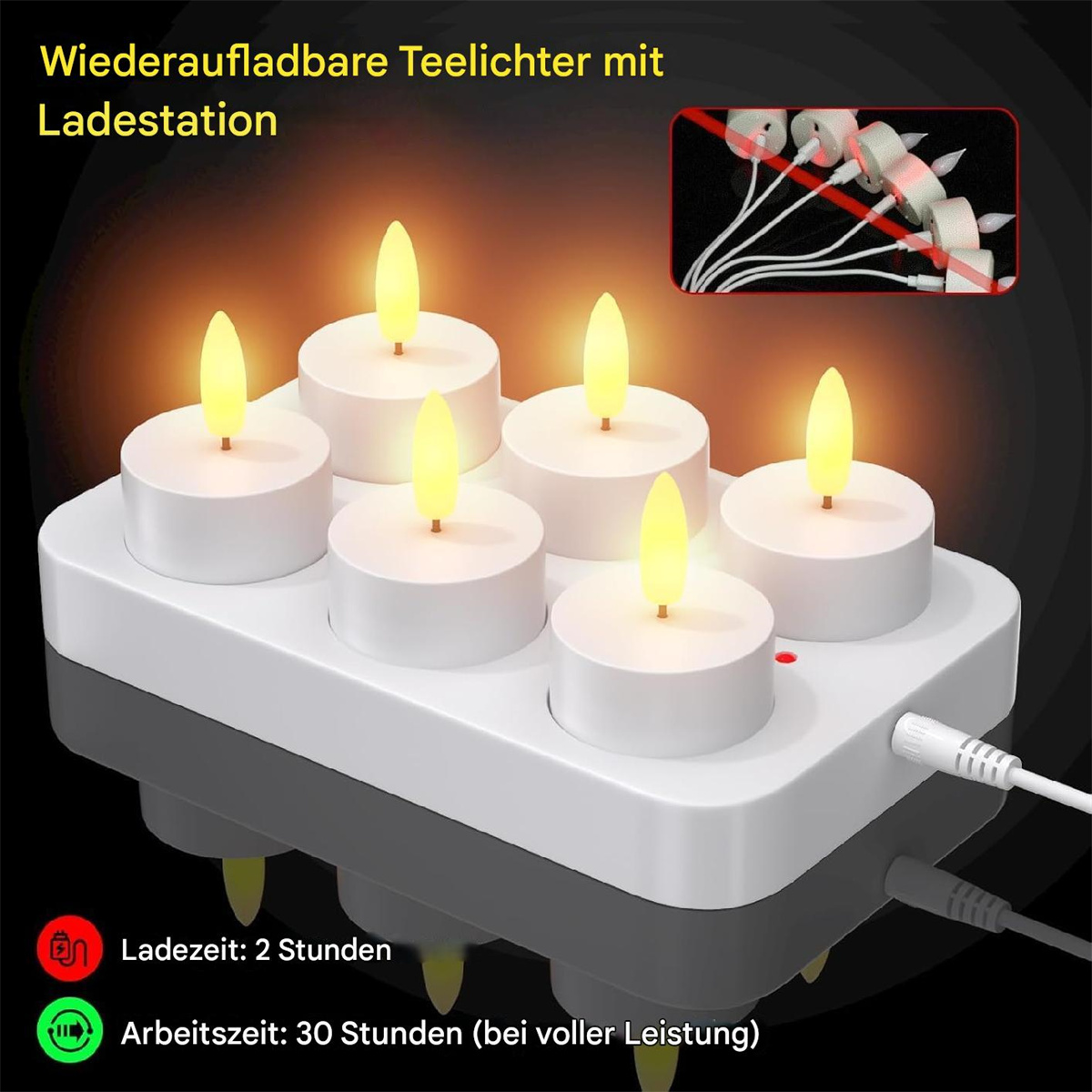 Eine Ladestation mit sechs weißen LED-Teelichtern. Die Basis hat einen Ladeanschluss und ein Netzkabel.