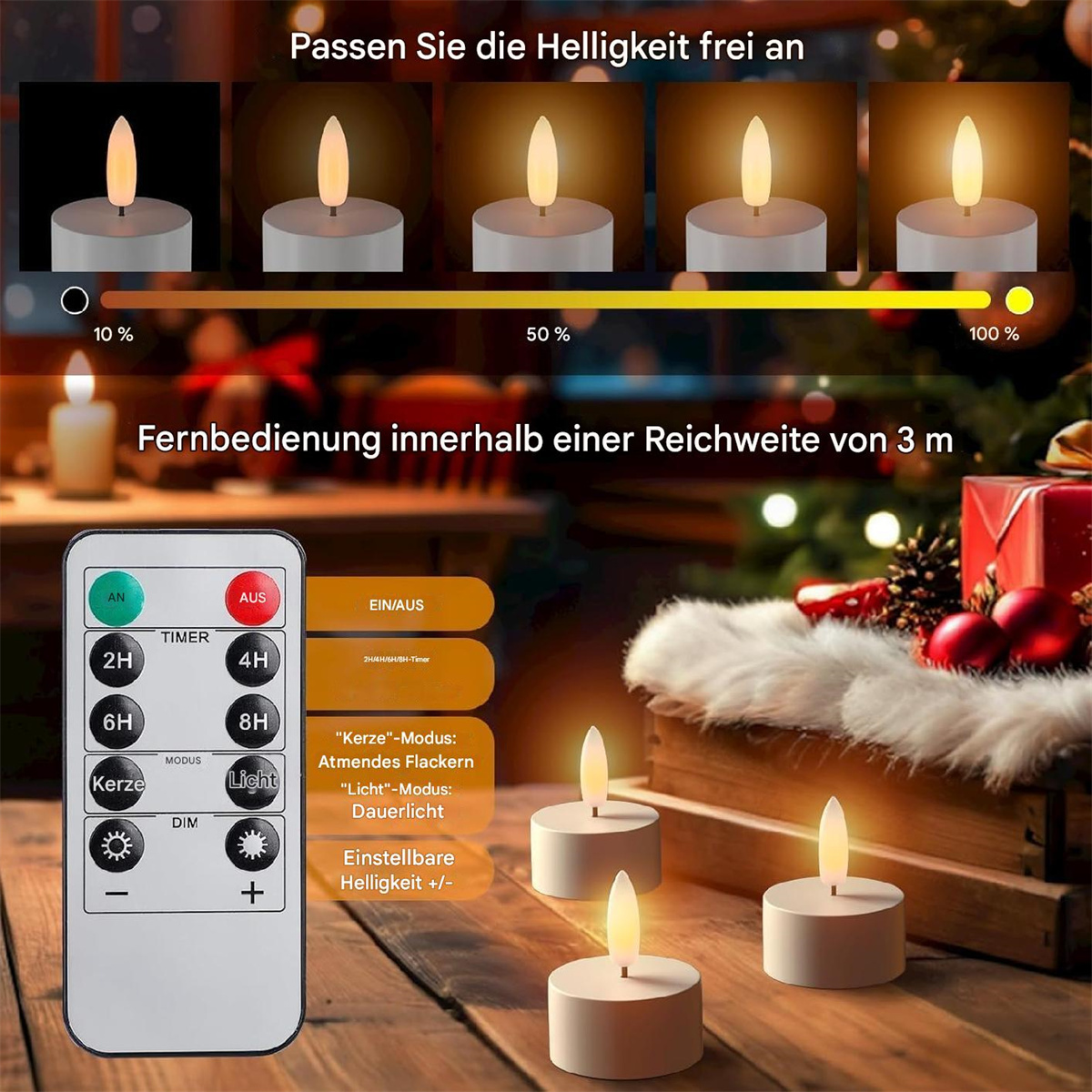 Fernbedienung mit Kerzenlichtern. Bilder zeigen verschiedene Helligkeitsstufen und Einstellungen.