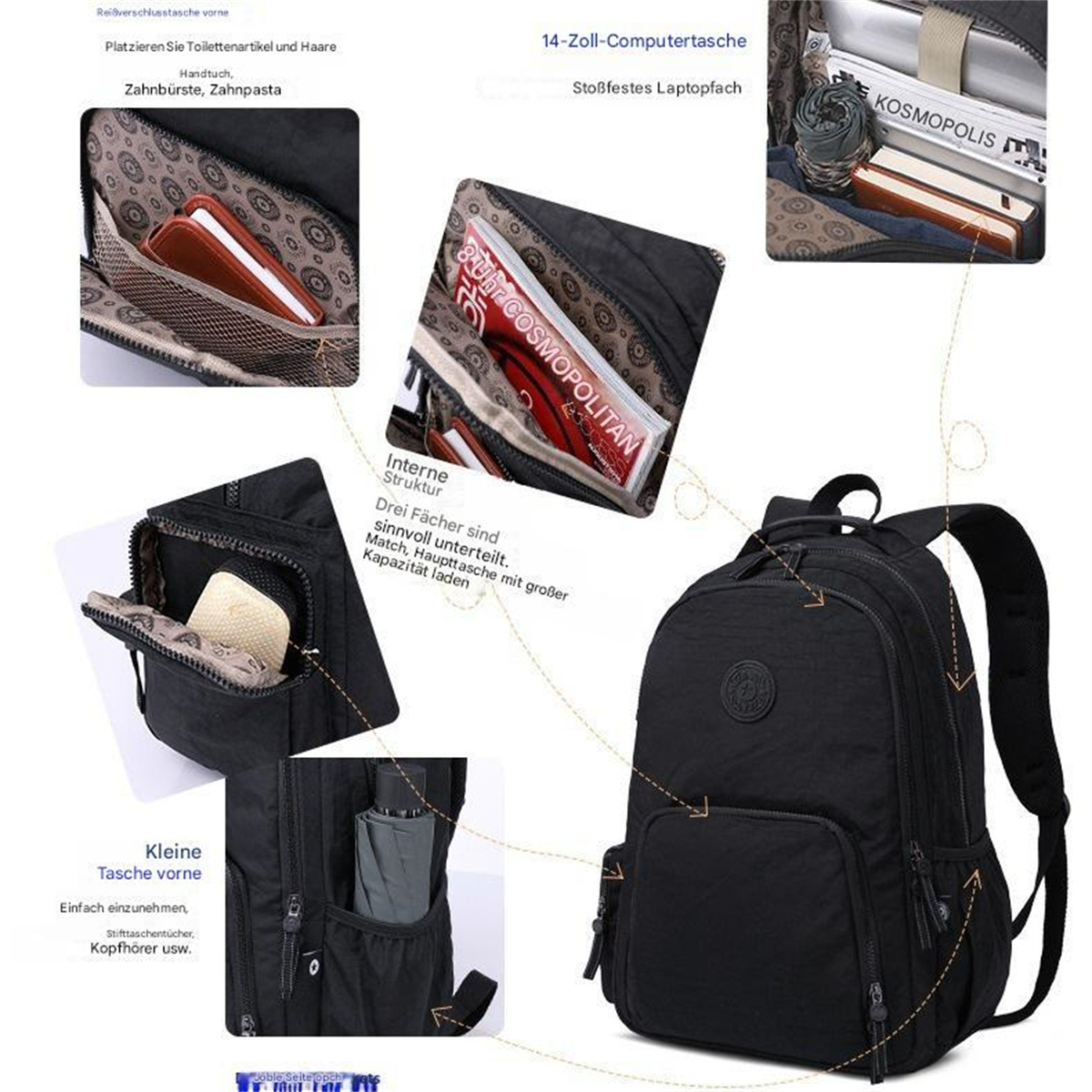Schwarzer Rucksack mit mehreren Fächern und Details von Gegenständen im Inneren, auf weißem Hintergrund.
