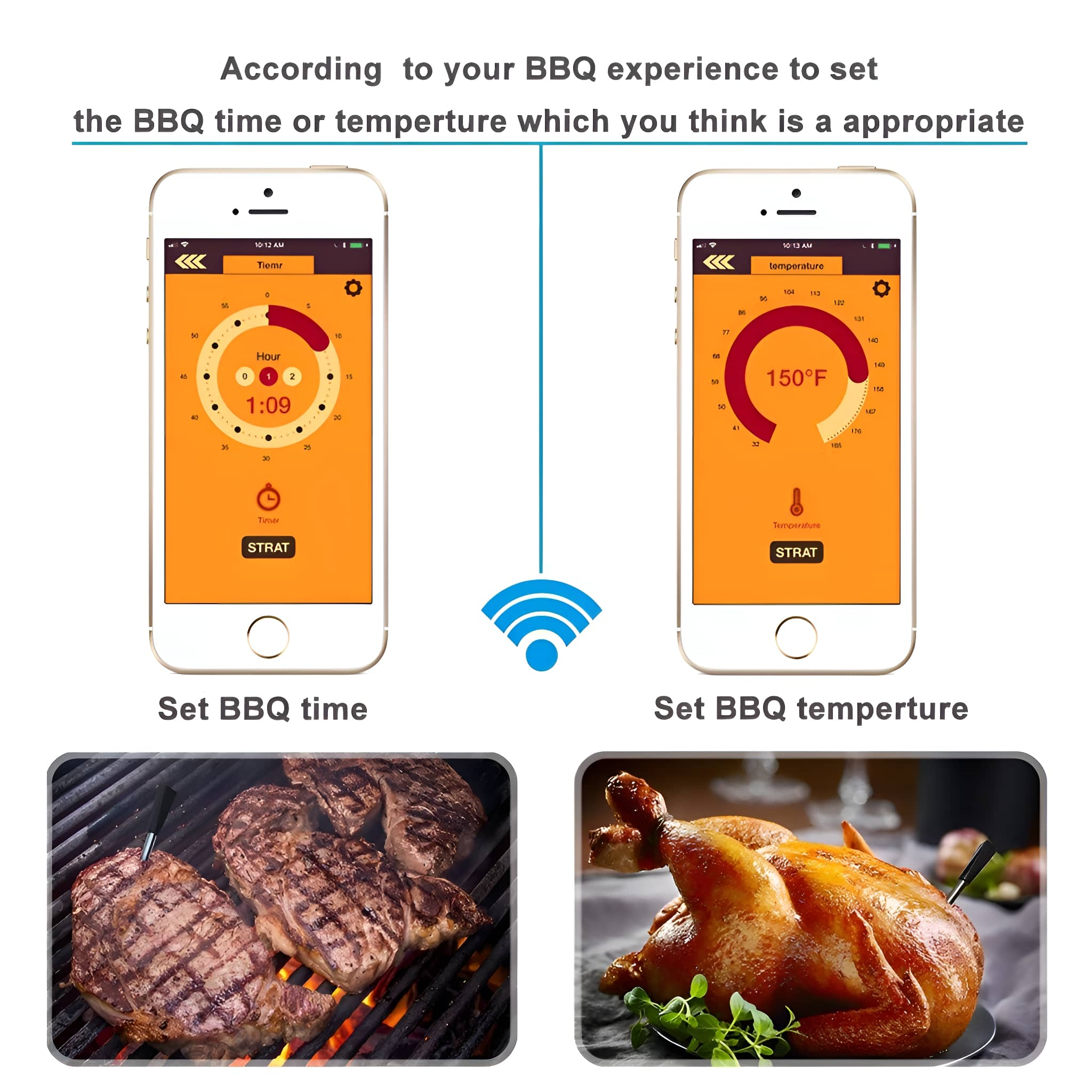 Zwei Telefone zeigen BBQ-Einstellungen und Essen. Eines zeigt Zeit, das andere Temperatur, mit Essen unten.