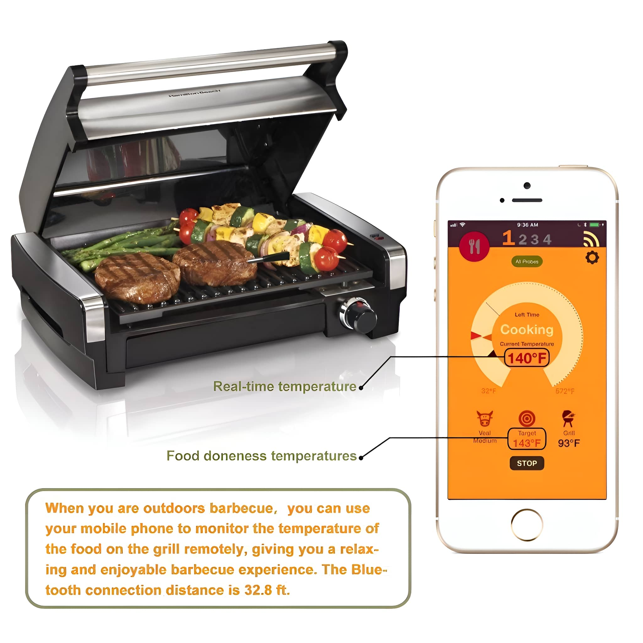 Ein schwarzer Grill mit Essen darauf. Ein Telefon zeigt Kochinformationen an.