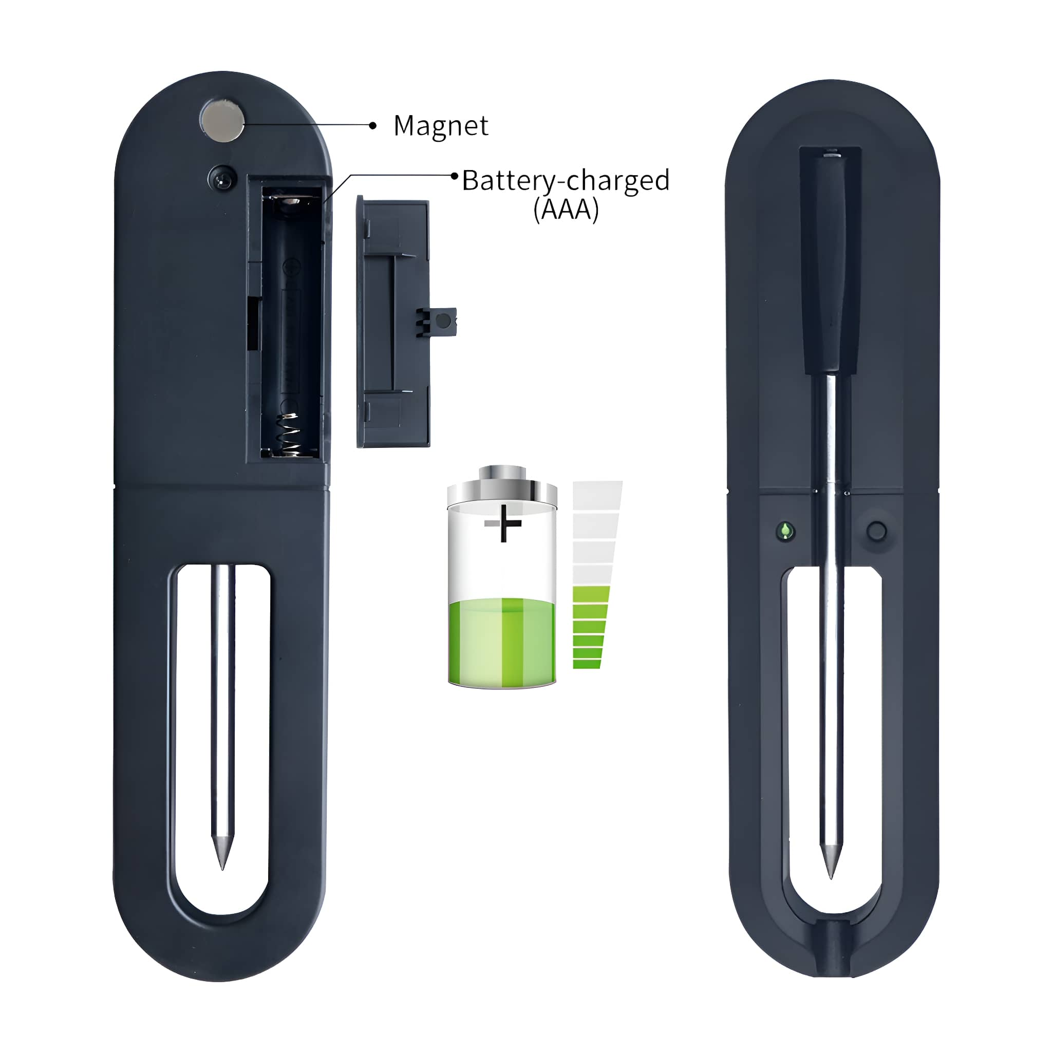Ein schwarzes Thermometer mit offenem Batteriefach und einem Batteriesymbol.