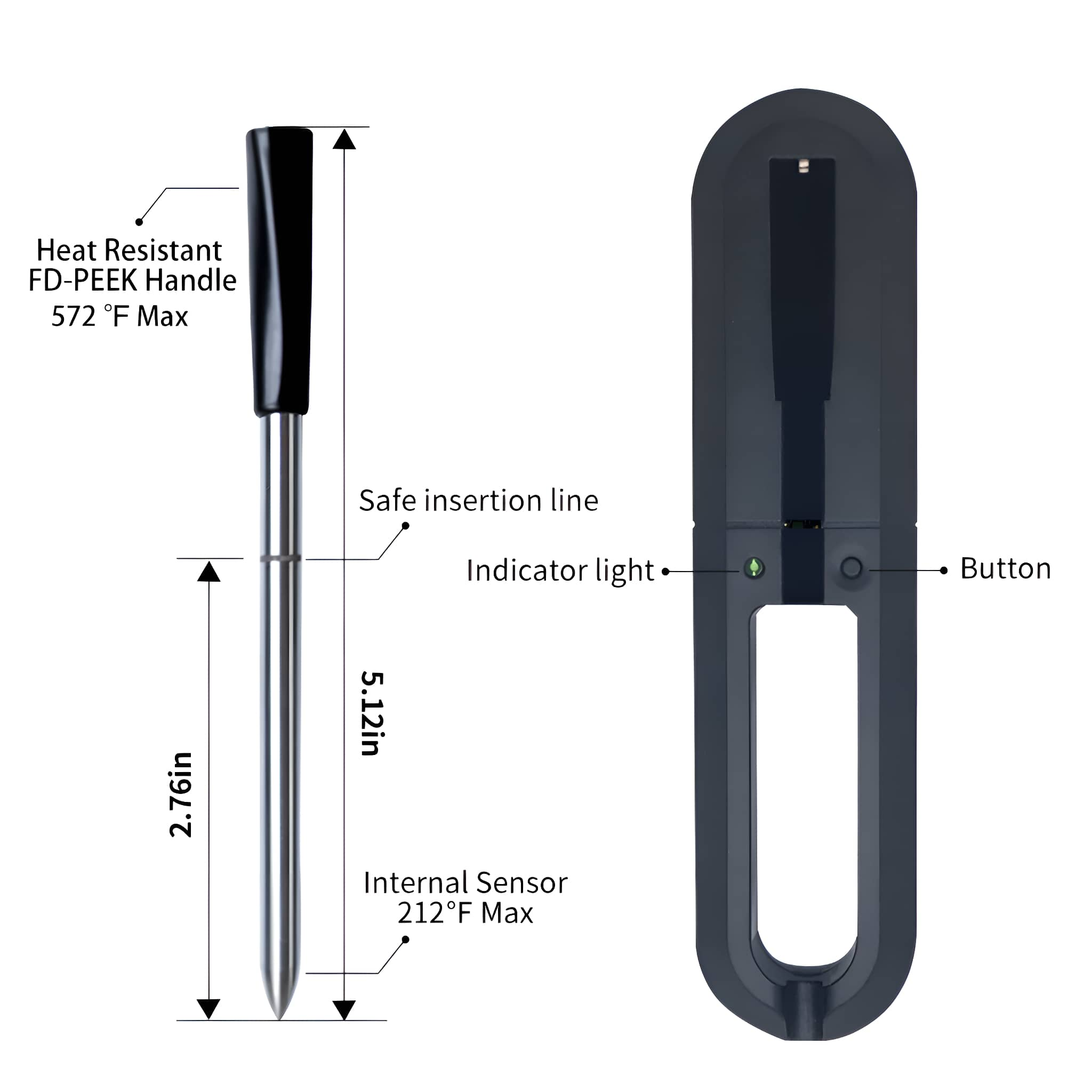 Ein Grillthermometer mit Maßen und Beschriftungen, einschließlich Griff und Sensor.