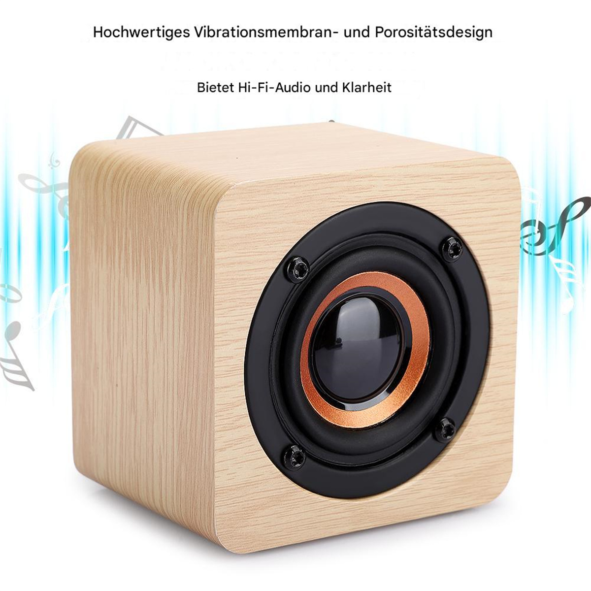Holzlautsprecher mit schwarzem Lautsprecher und orangefarbenem Ring. Noten im Hintergrund.