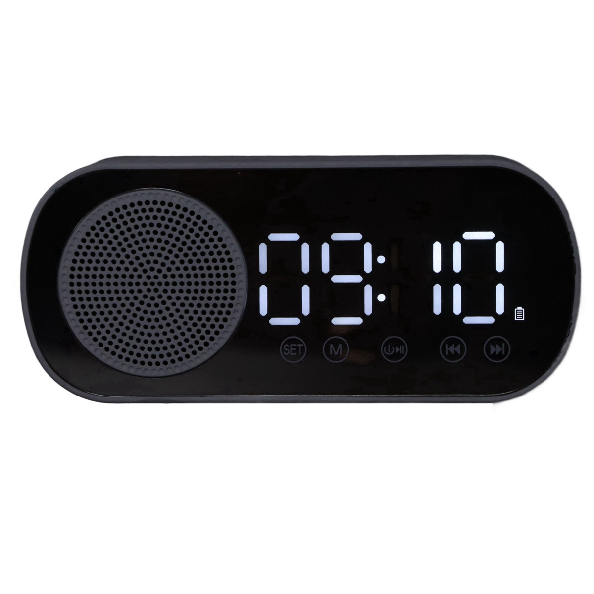 Schwarzer digitaler Wecker mit der Uhrzeit 09:10 und Funktionstasten.