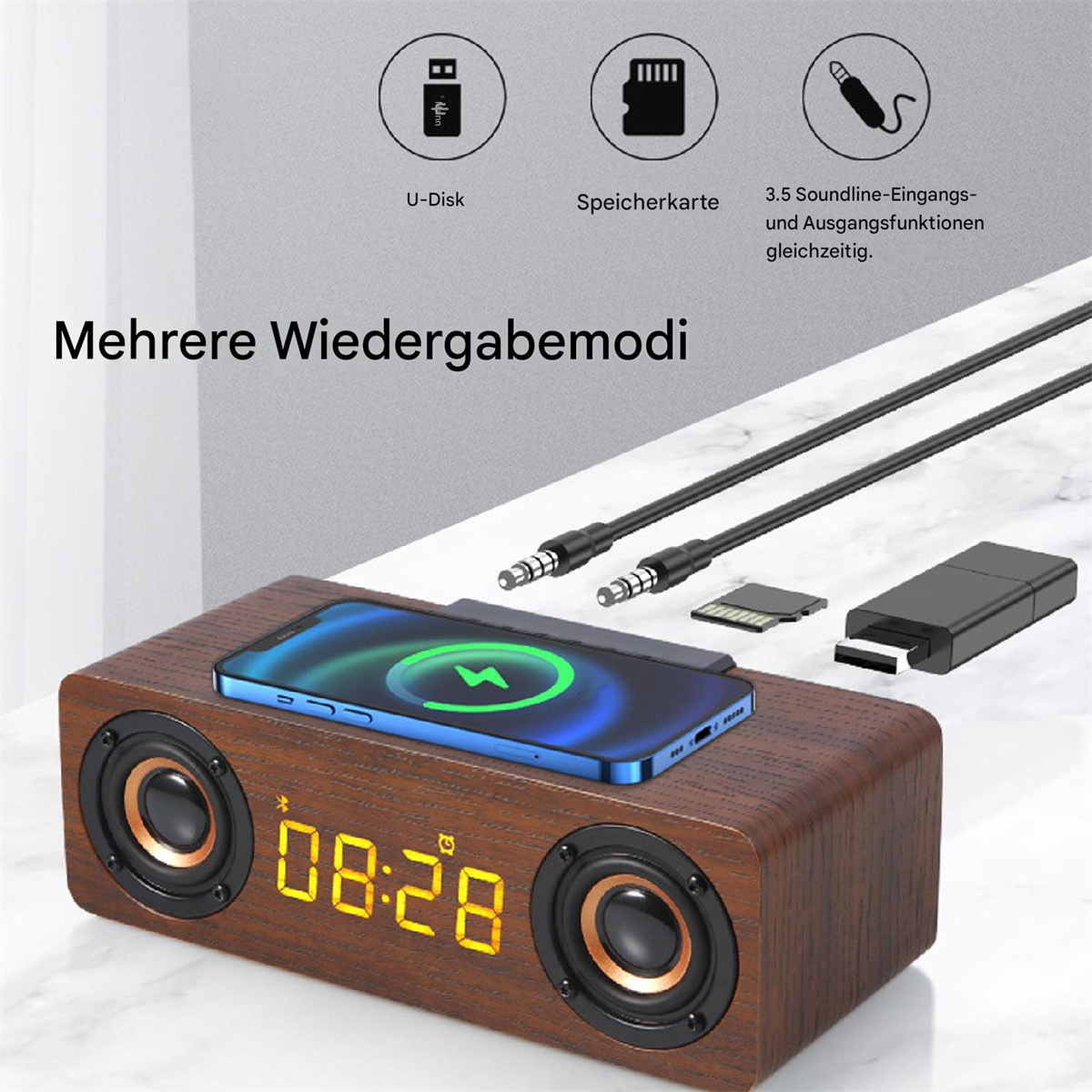 Holzlautsprecher mit Telefon oben und verschiedenen Eingangsoptionen. Dunkler Hintergrund.