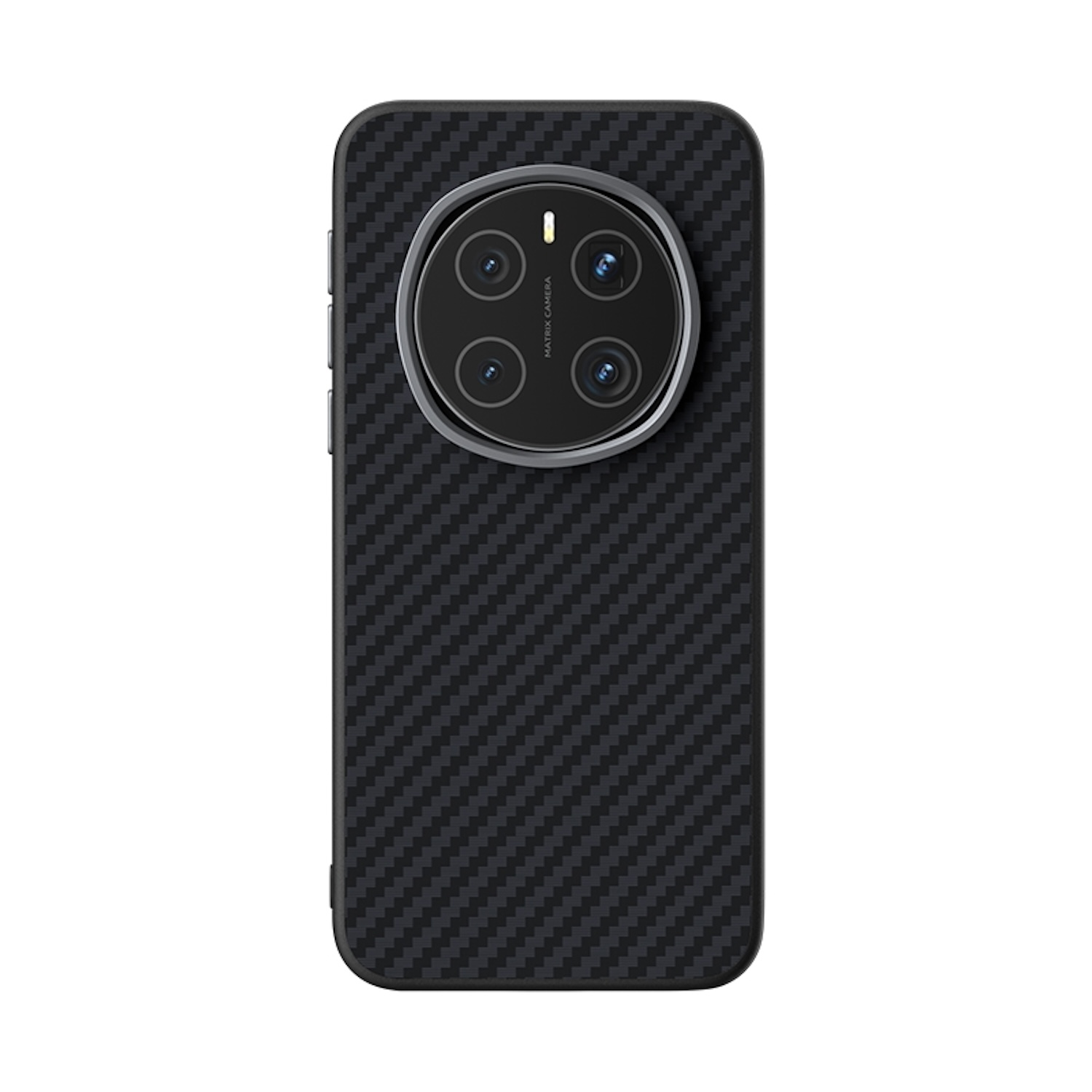 Funda de teléfono negra con una matriz de cámara en la parte trasera.