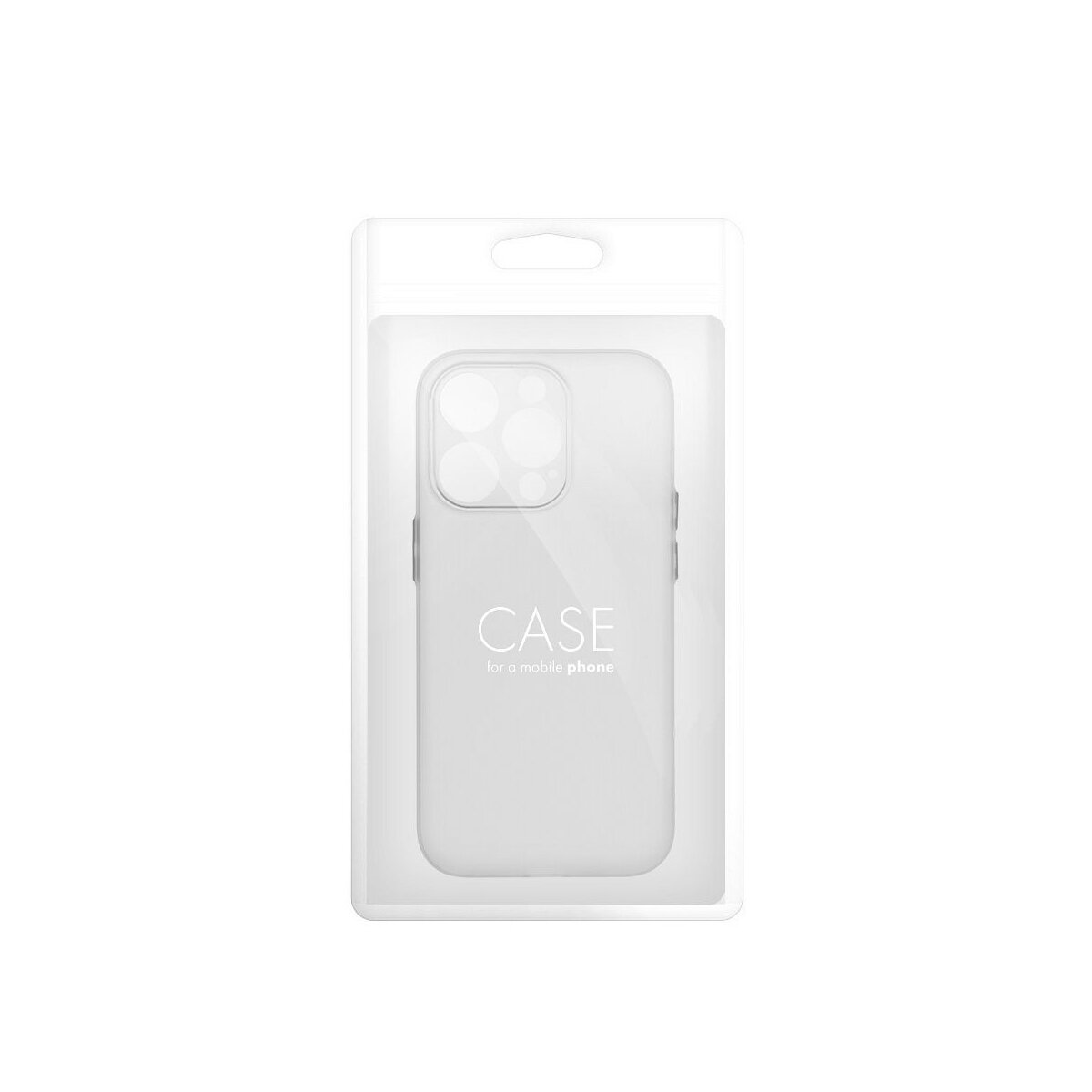 Eine transparente Handyhülle in einer transparenten Verpackung. Die Hülle hat eine Telefonkontur.
