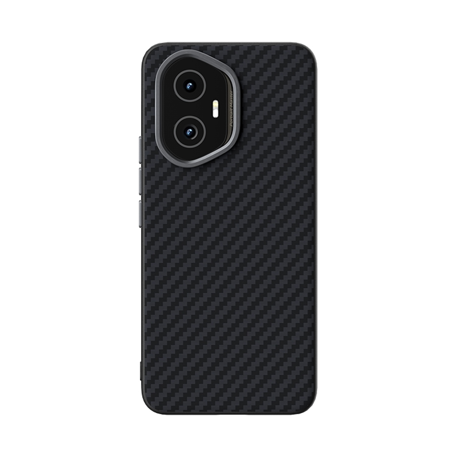 Funda de teléfono negra con patrón de fibra de carbono.