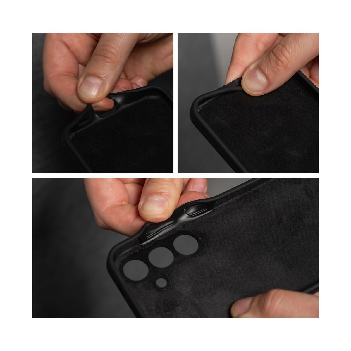 Handen die een telefoonhoesje hanteren, laten zien hoe je het verwijdert. Zwarte hoes, witte achtergrond.