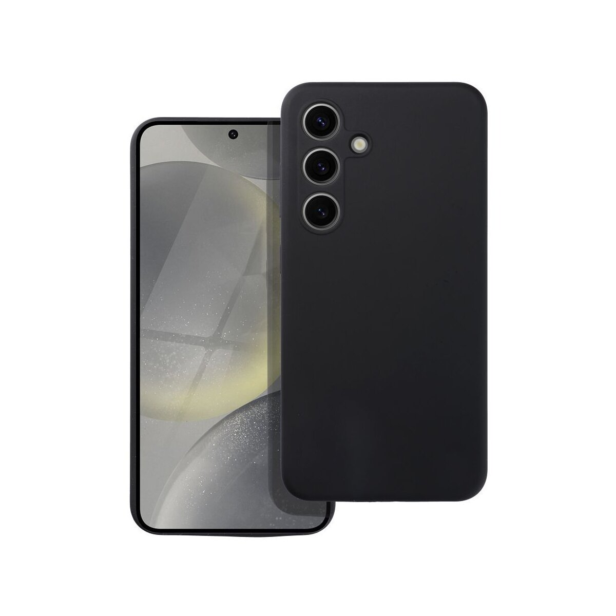 Een zwarte telefoonhoes en een smartphone, beide op een witte achtergrond.