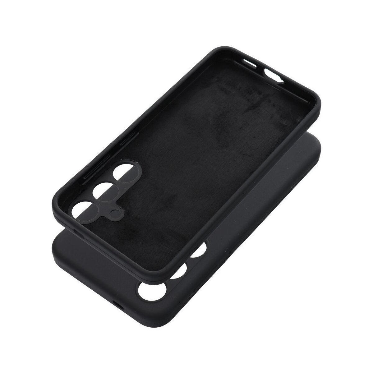 Zwarte telefoonhoes met een zacht interieur, open om de binnenkant te laten zien.