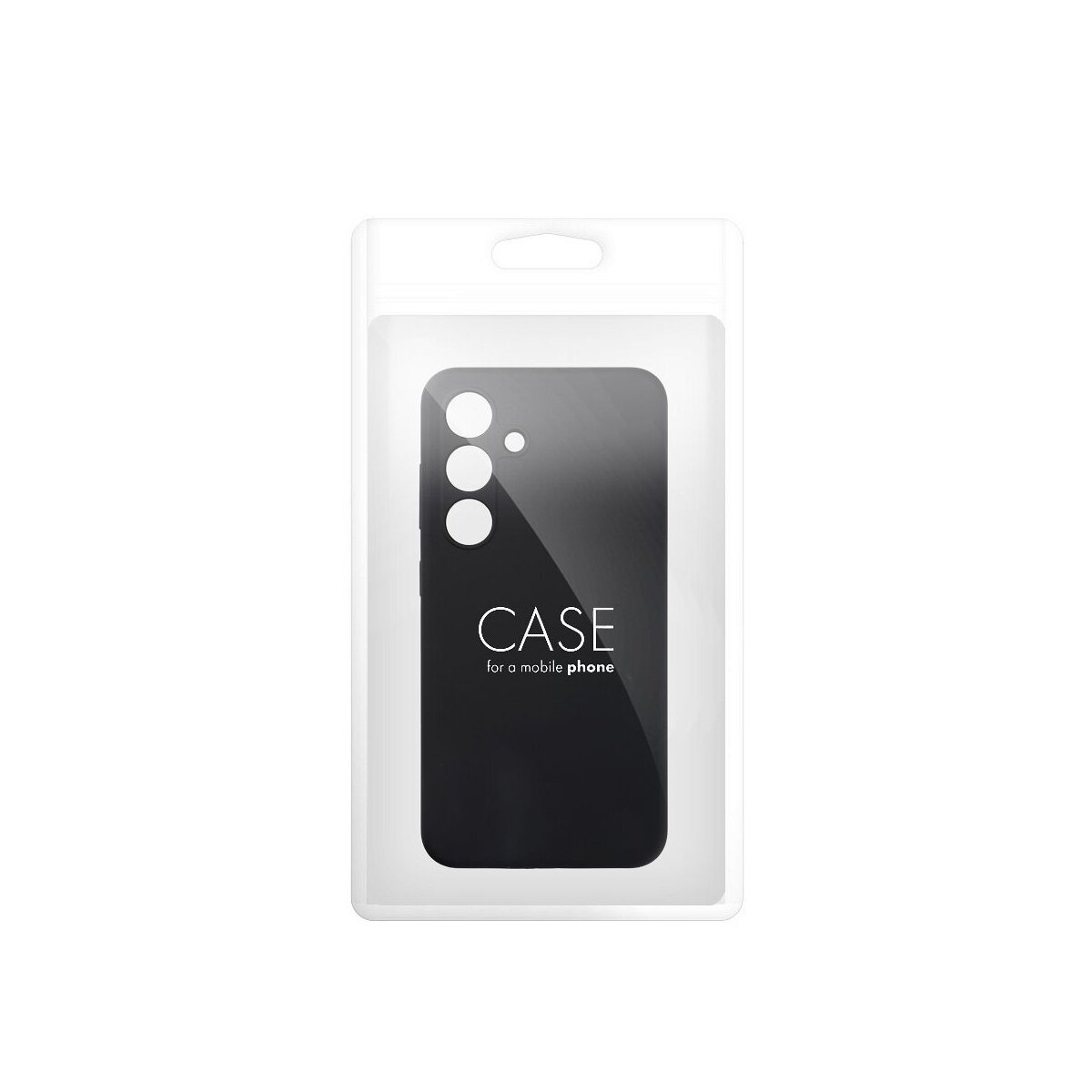 Een zwarte telefoonhoes in een doorzichtige plastic zak met de woorden "CASE for a mobile phone".