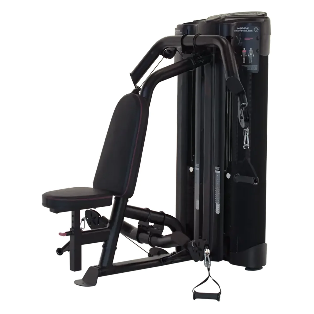 Schwarze Fitnessmaschine mit Sitz, Griffen und Kabeln.