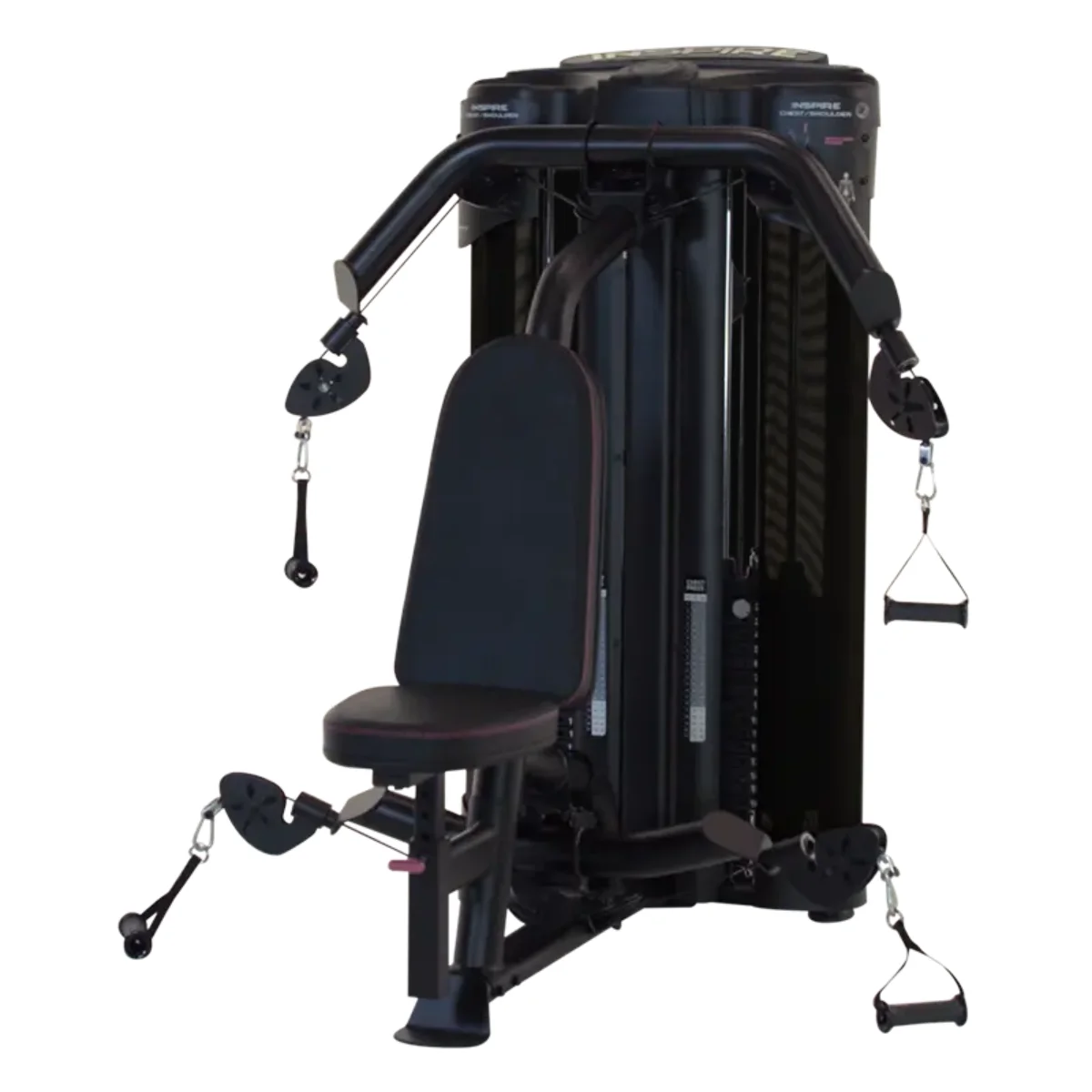 Schwarze Fitnessstudio-Maschine mit Sitz und Gewichten. Griffe und Kabel sind zu sehen. Isoliert auf weißem Hintergrund.
