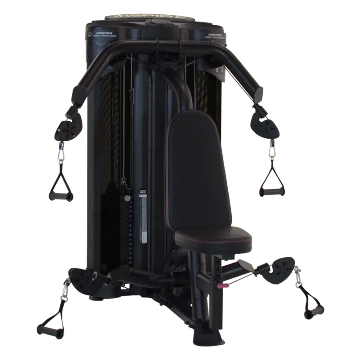 Schwarze Inspire Fitnessmaschine mit mehreren Rollen, Kabeln und einem Sitz.