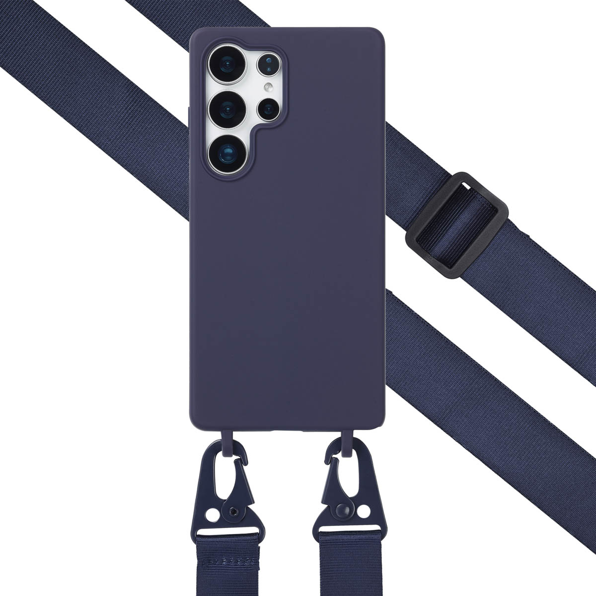 Een marineblauwe telefoon met een marineblauwe band, zwarte clips en bandversteller.