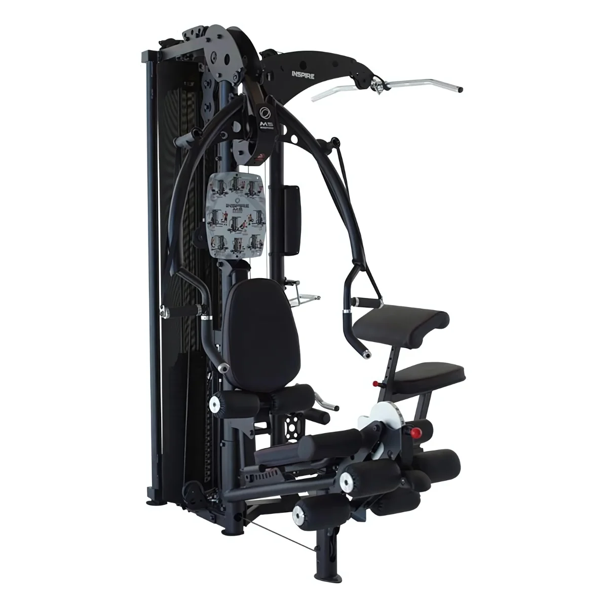A black Inspire multi-gym with various exercise stations, in a studio setting, white background.
