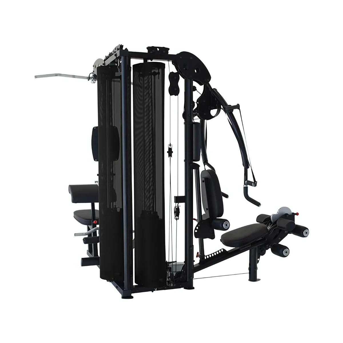 Black multi-gym machine with various stations and weights, isolated on white.