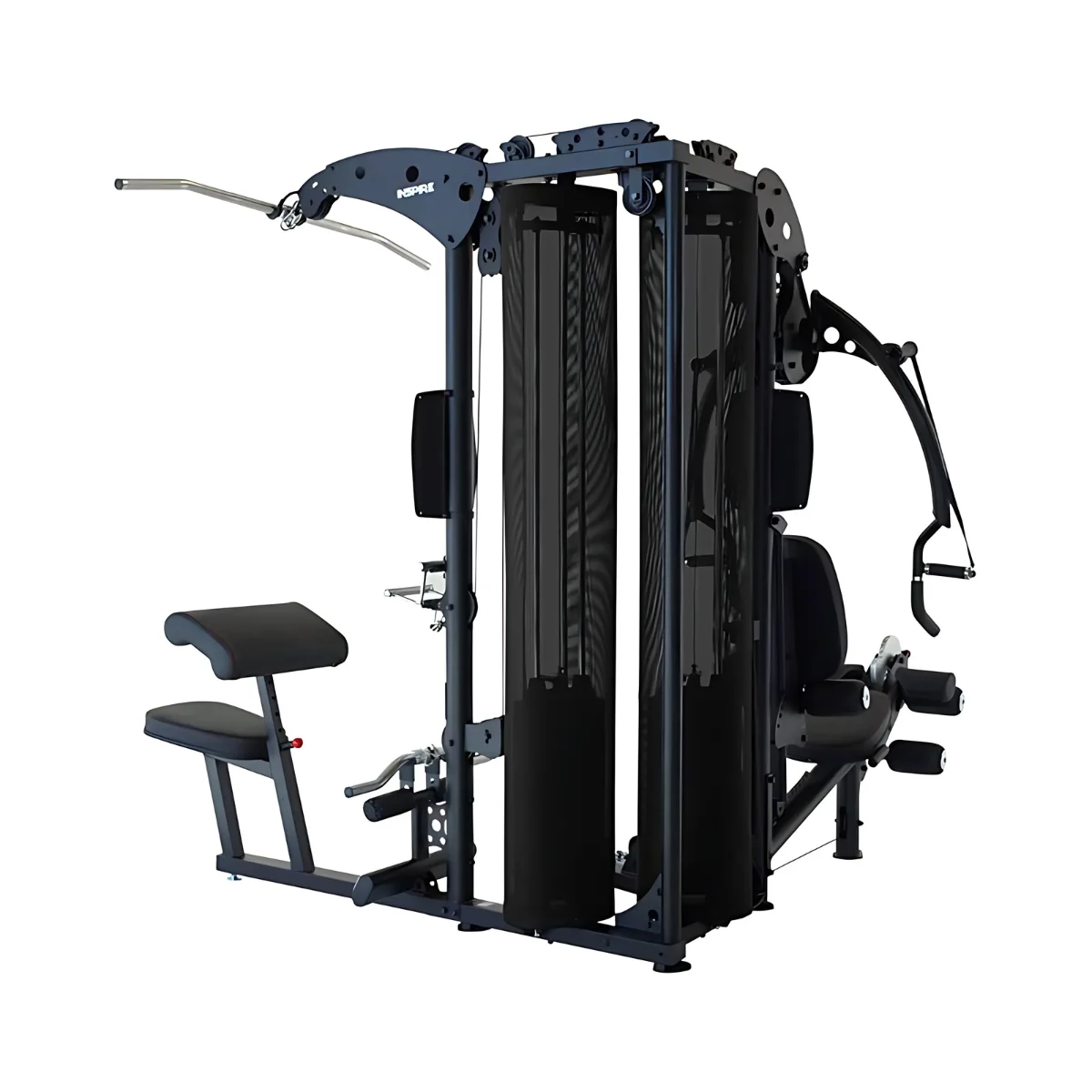 A black and silver gym machine on a white background.