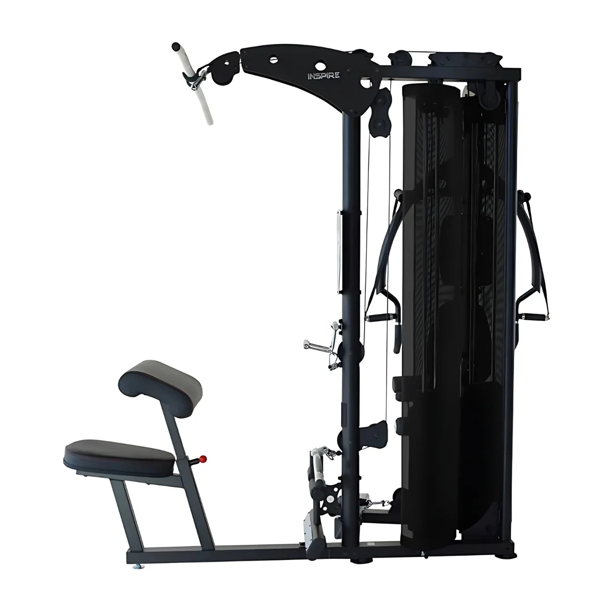 Black Inspire gym machine. It has a seat, arm rests, and pulleys. The background is white.