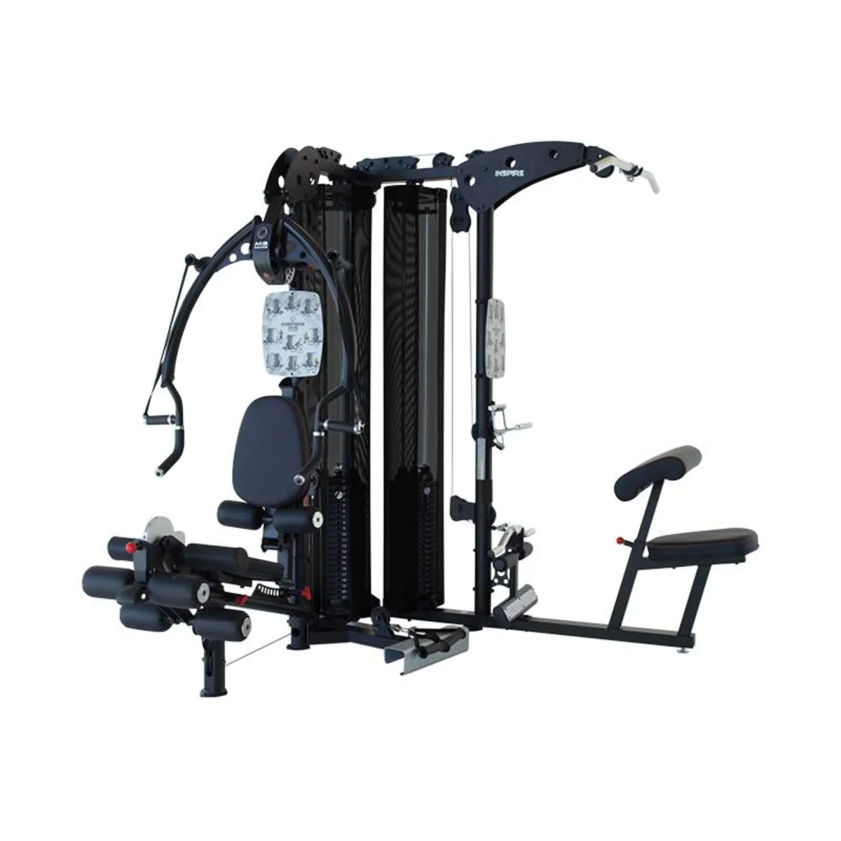 Gym equipment with multiple workout stations. Black and silver with black mesh. White background.