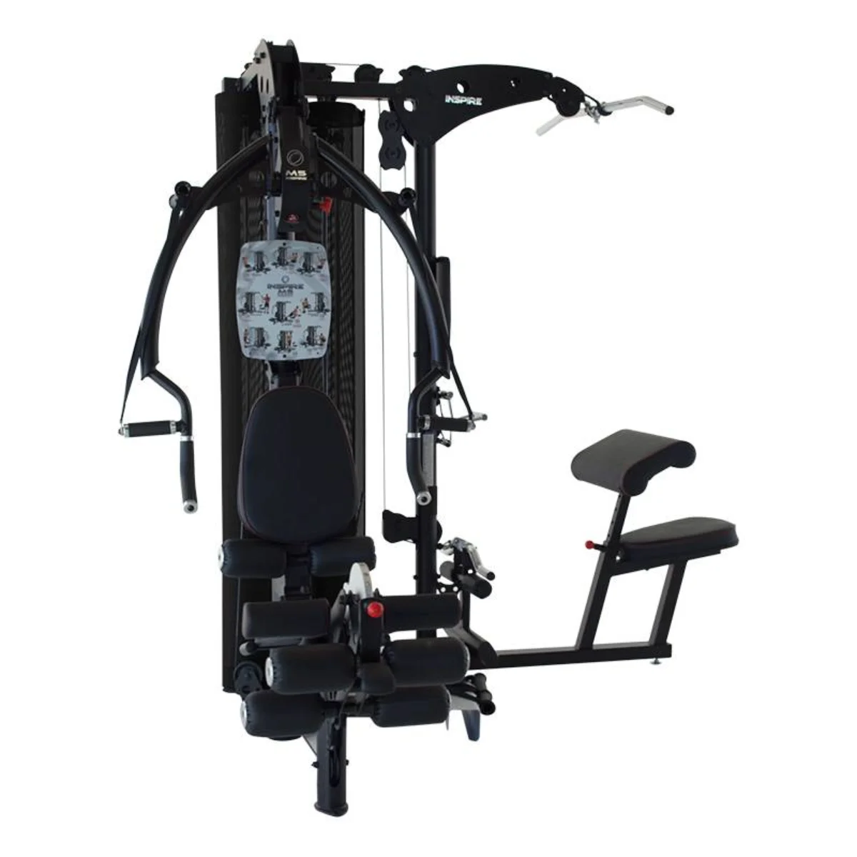 Black weight machine with seat, handles, and Inspire logo, against white.