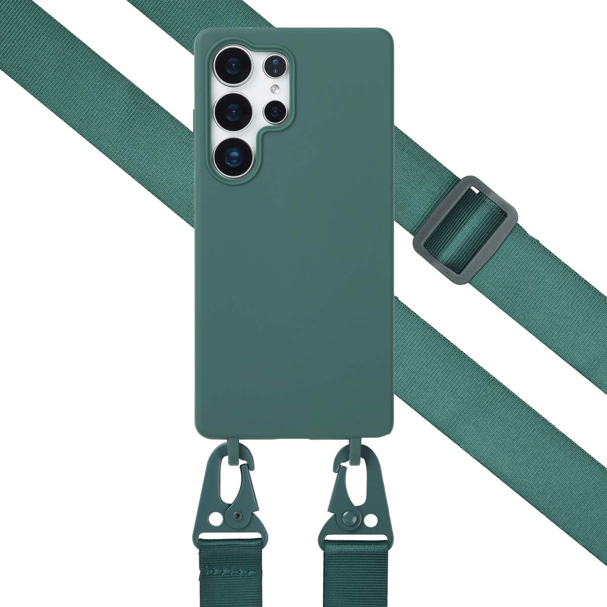 Groene telefoon met riem. De riem heeft een gesp en twee haken.