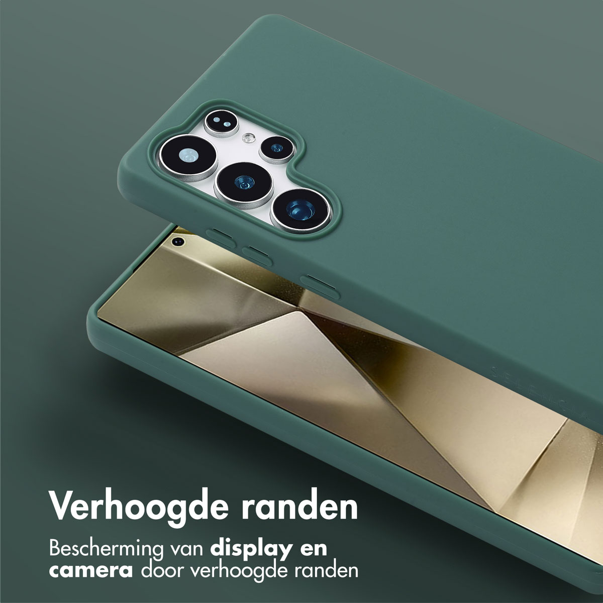 Groene telefoonhoes over een telefoon, tekst onderaan.
