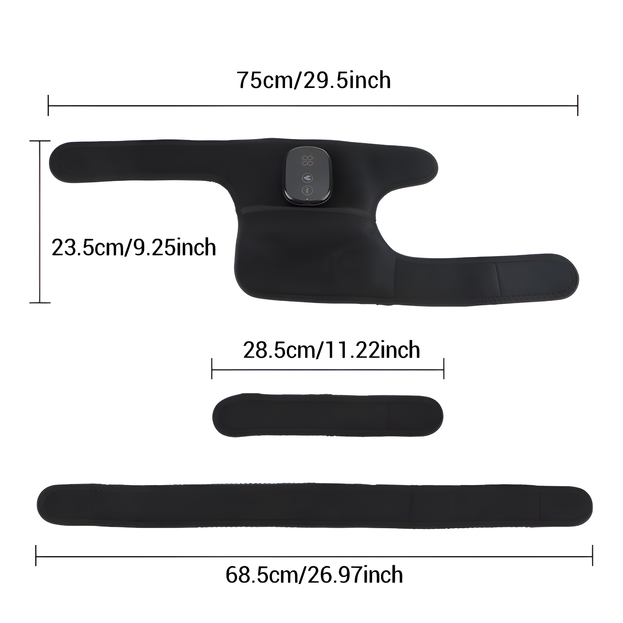 Schwarzes Knie-Massagegerät mit Abmessungen. 75cm/29.5inch, 23.5cm/9.25inch, und 68.5cm/26.97inch.