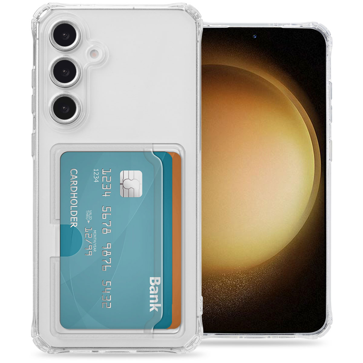 Une coque de téléphone transparente avec deux cartes de crédit à l'intérieur, étiquetées avec des numéros et Banque.