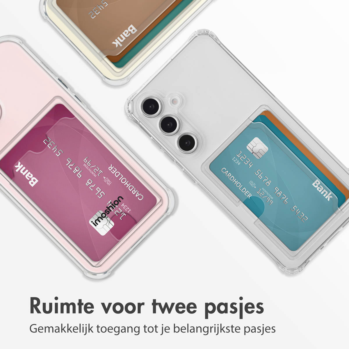 Étui de téléphone avec espace pour cartes. Un étui transparent avec des cartes est montré.