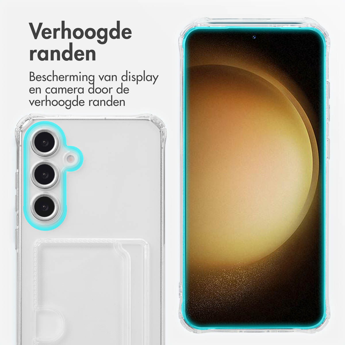 Une coque de téléphone avec dos transparent et protecteur d'écran, texte à gauche.