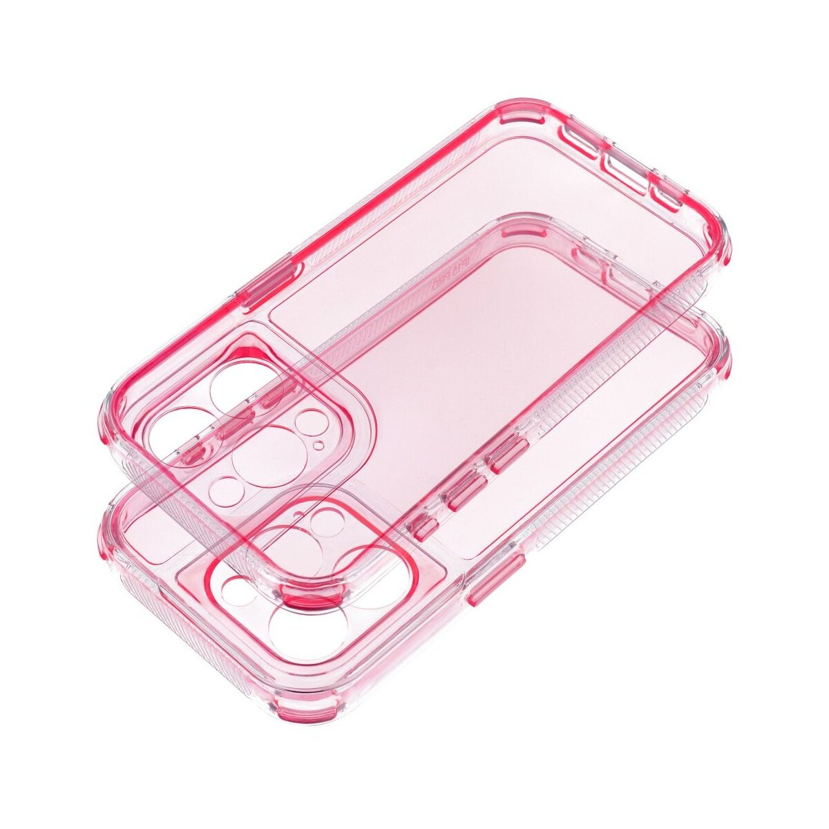 Due custodie trasparenti rosa per telefono sovrapposte, che mostrano i dettagli del design.