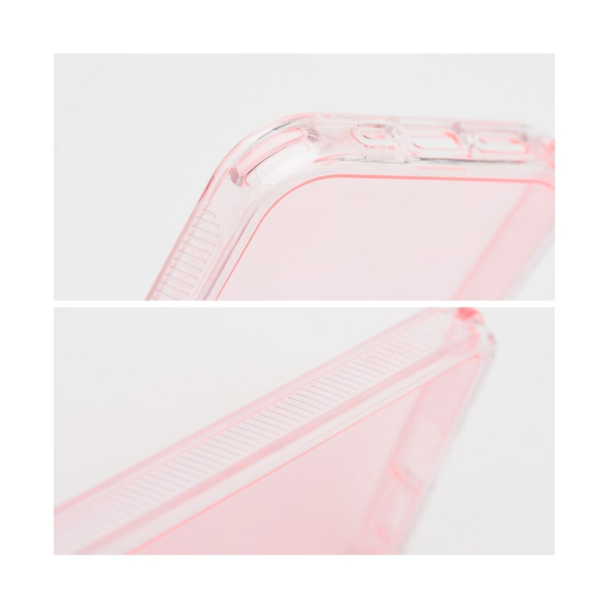 Primo piano di una custodia trasparente per telefono. Mostra angoli e bordi e uno sfondo rosa.